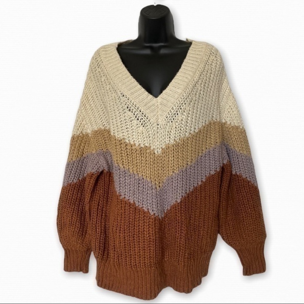 All In Favor Neutral Tone Color Block Chunky Oversized Knit Sweater Size Small